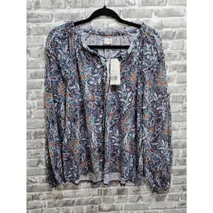 NWT Wonderly Paisley Floral Peasant Top, Womens M, Blue, Rust & Cream Accents